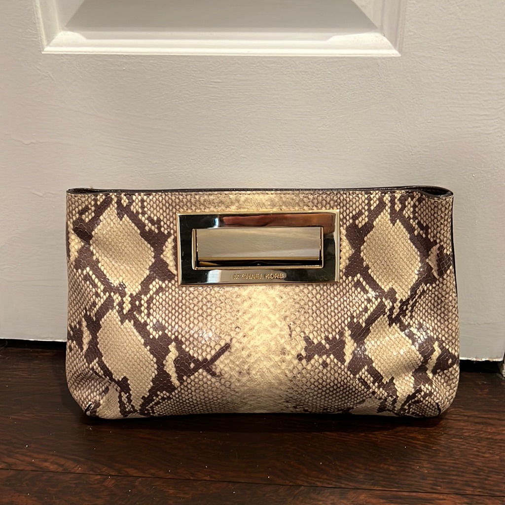 Michael Kors Python Embosses Clutch Bag Magnetic Clasp Beige And Dark Brown